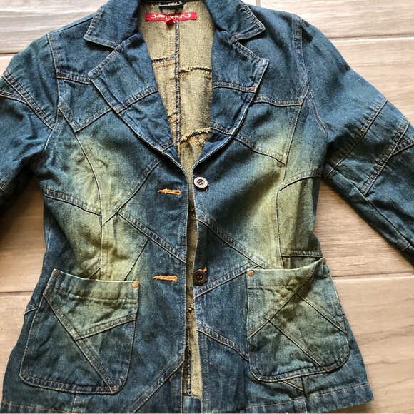Jennyfer J denim Jean jacket front pockets distressed Patchwork Medium. EC* - Picture 14 of 14